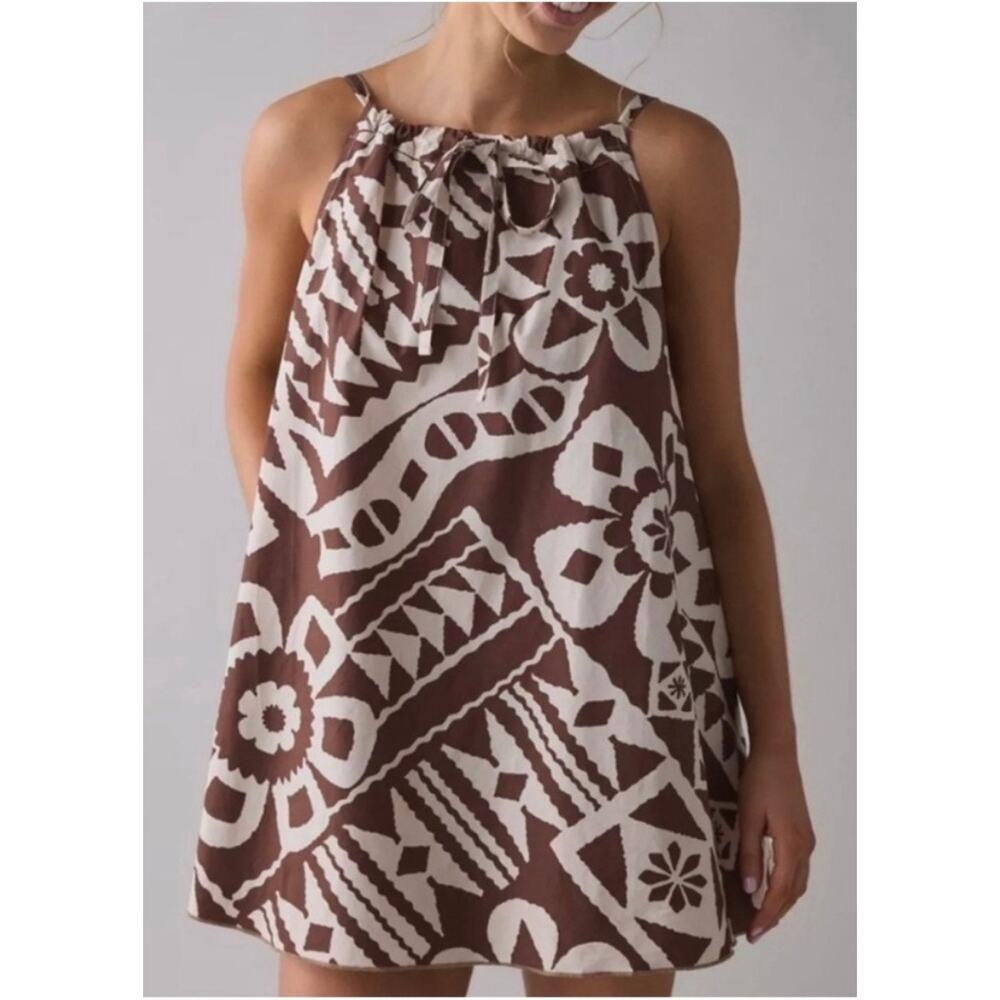 BDG NWT Eva Printed Mini Shift Dress Tiki Tropical Brown & Cream Size Small